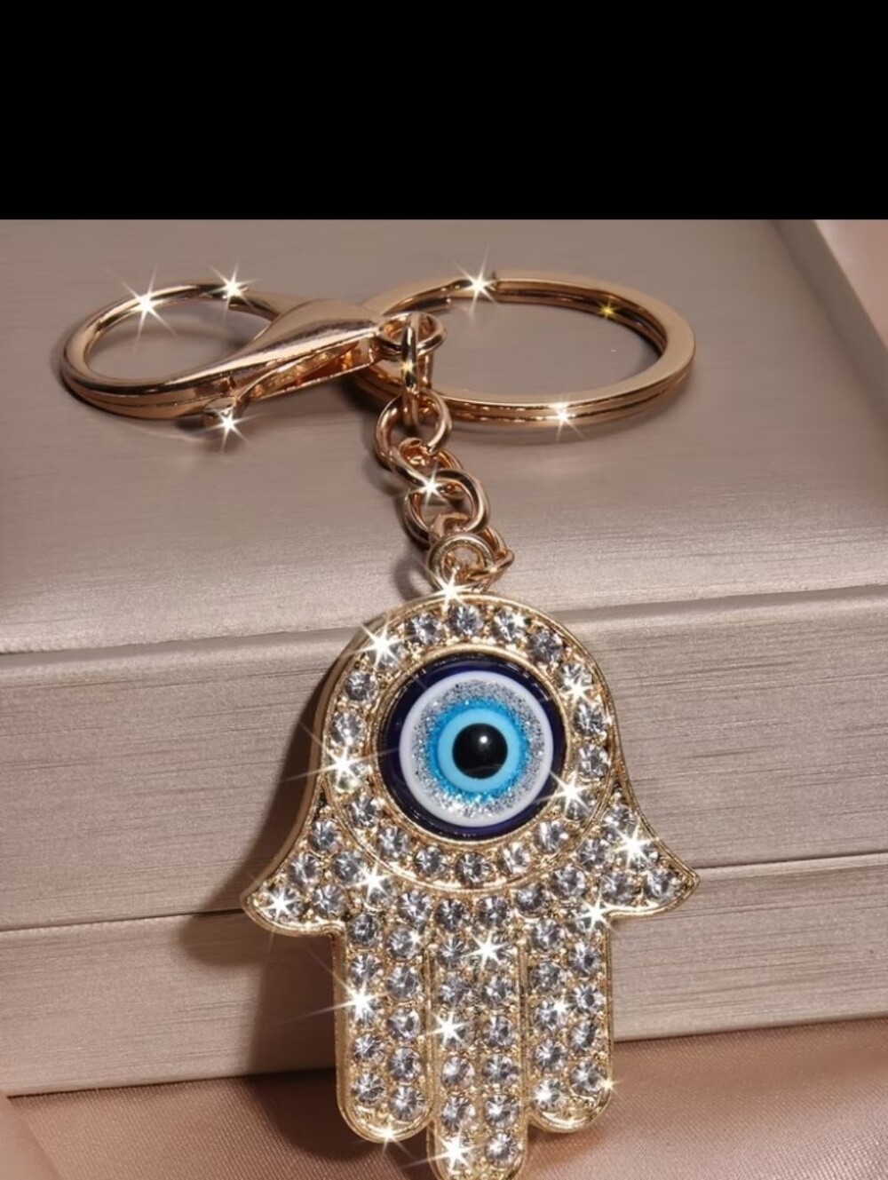 Gold Hamsa Hand Keychain with Blue Evil Eye Accent